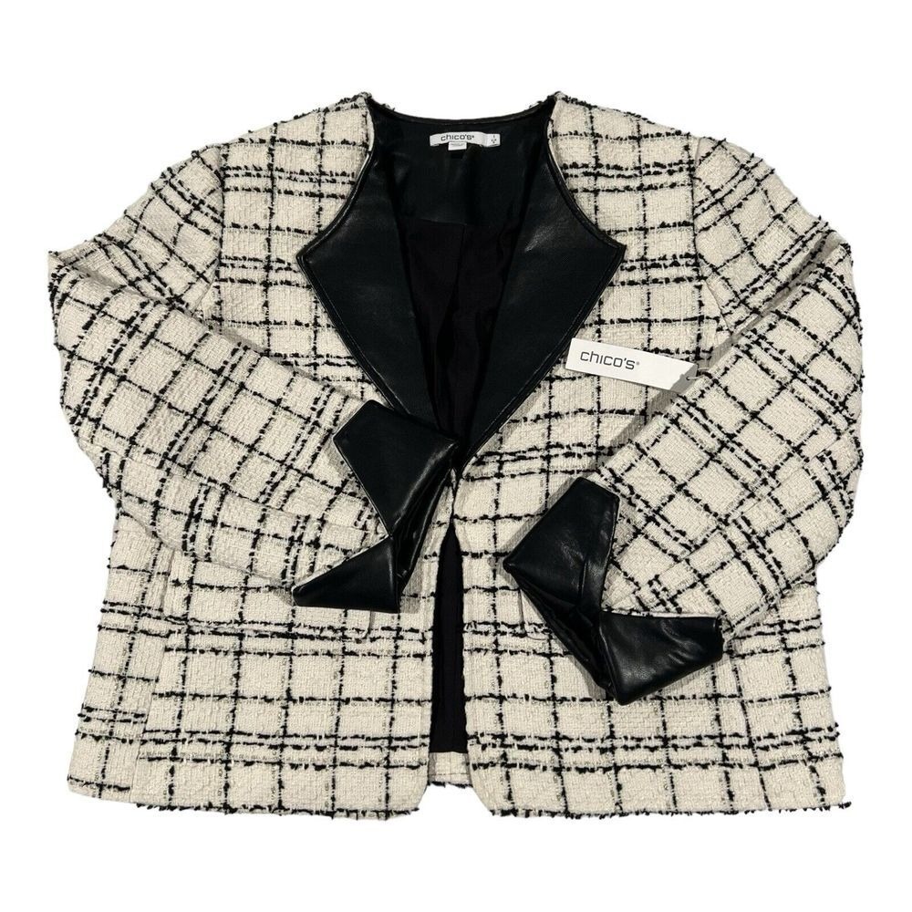 NWT Chico's Tweed Plaid Jacket‎ Faux Leather Trim Size 1 US 8 Retail $139